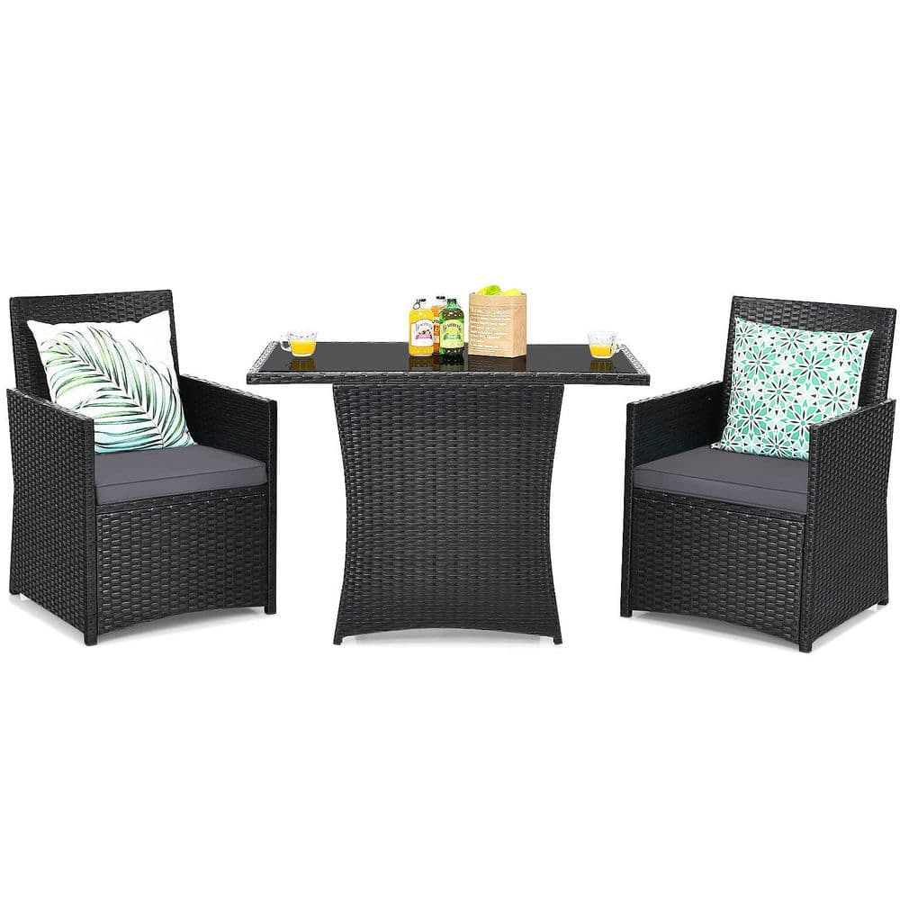 3-Piece Black Wicker Patio Conversation Set with Gray Cushions and Sofa Armrest