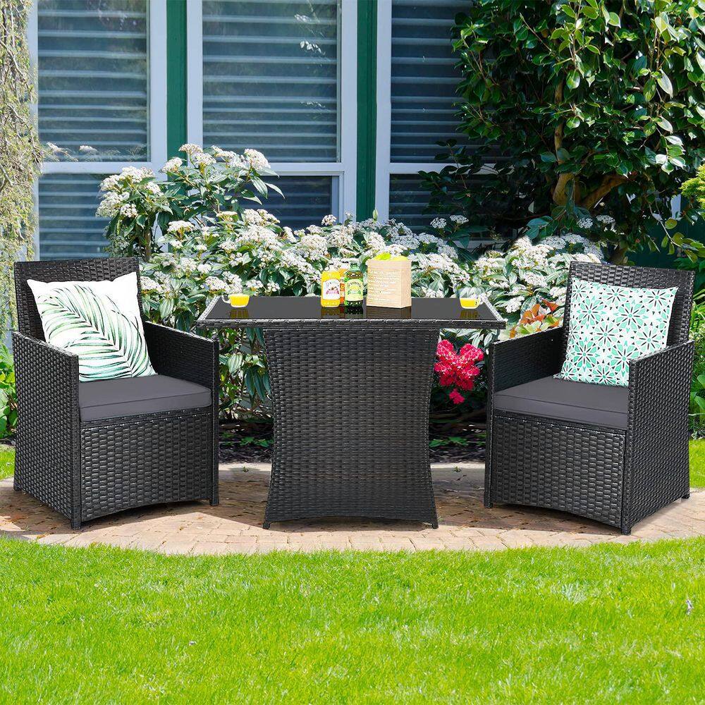 3-Piece Black Wicker Patio Conversation Set with Gray Cushions and Sofa Armrest