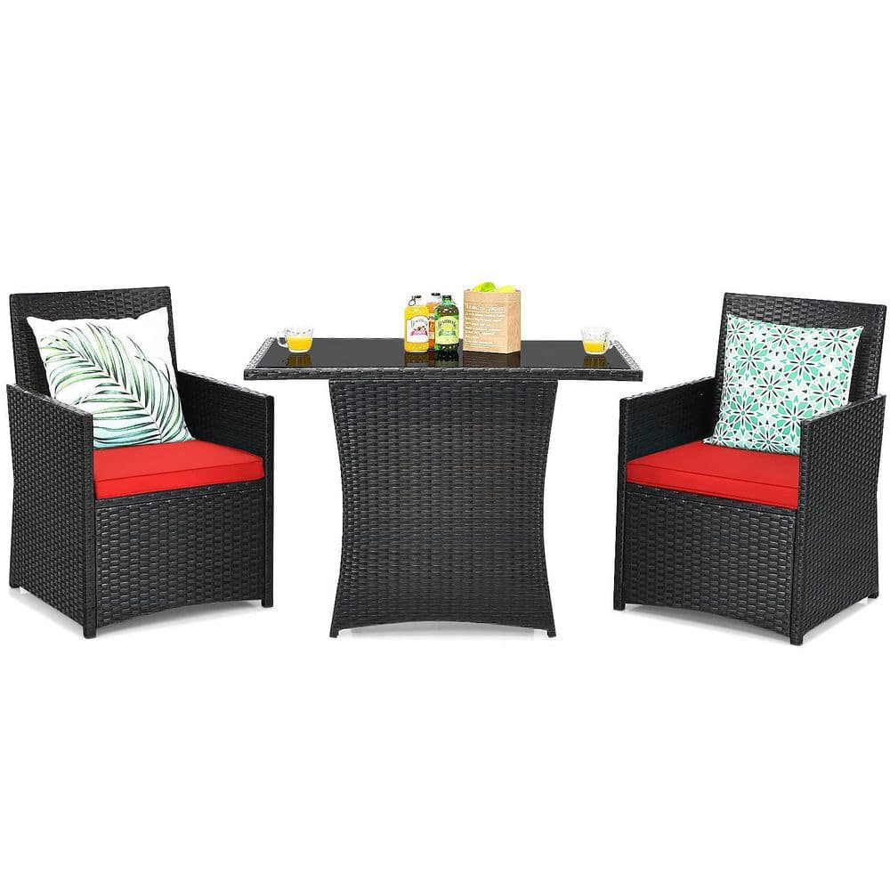 3-Piece Black Wicker Patio Conversation Set with Red Cushions and Sofa Armrest