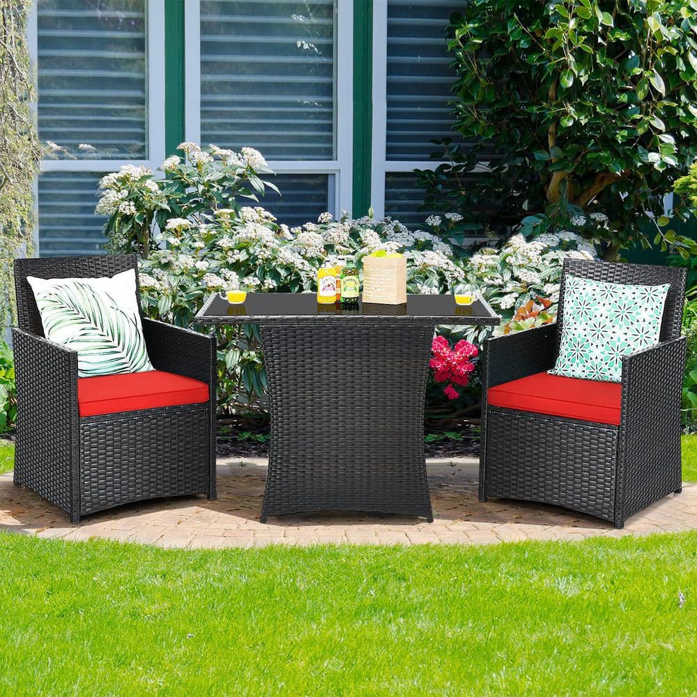 3-Piece Black Wicker Patio Conversation Set with Red Cushions and Sofa Armrest