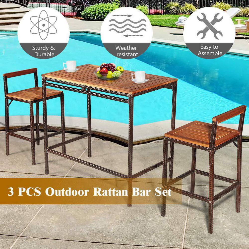 3 -Pieces Patio Acacia Wood Dining Table Set with 2 Dining Chairs