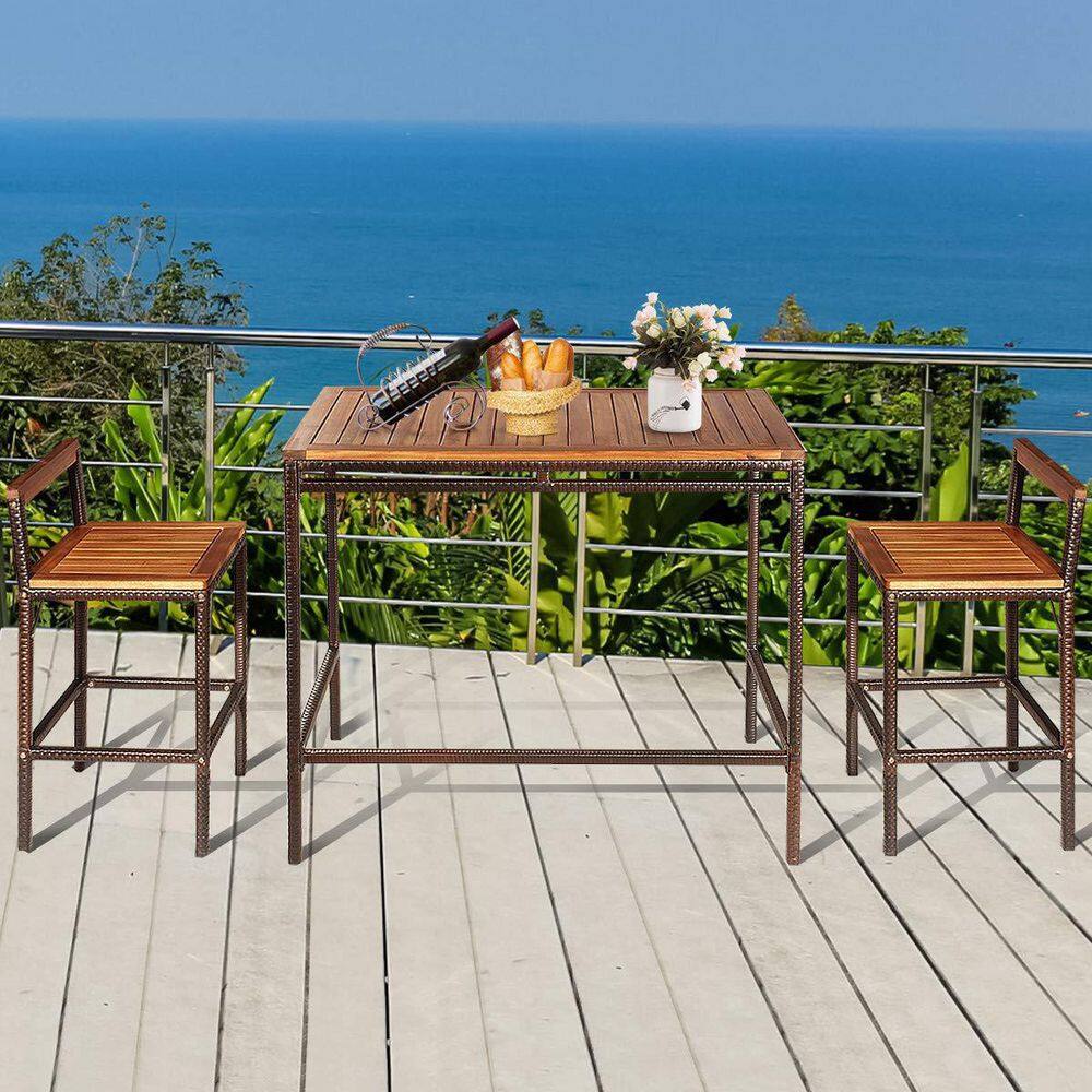 3 -Pieces Patio Acacia Wood Dining Table Set with 2 Dining Chairs