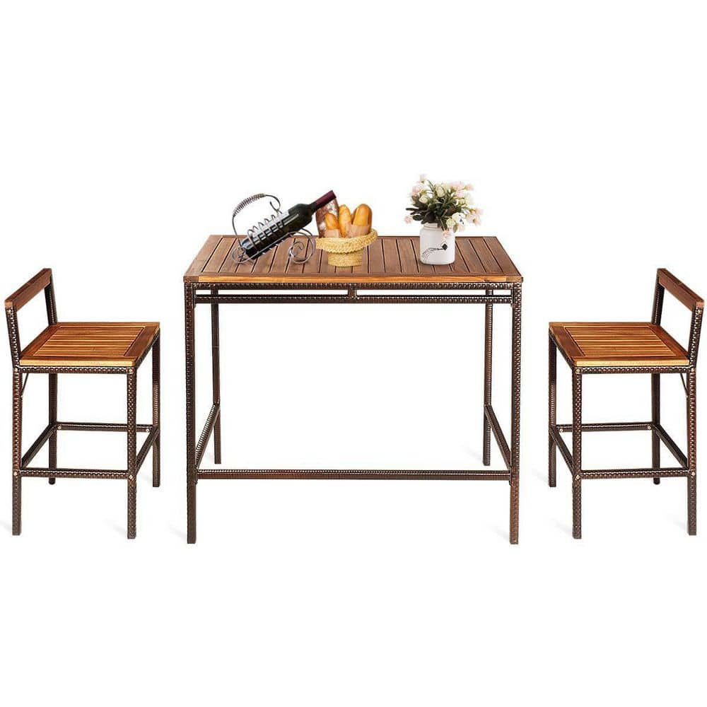 3 -Pieces Patio Acacia Wood Dining Table Set with 2 Dining Chairs