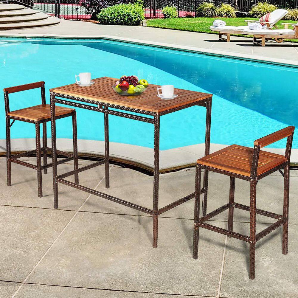 3 -Pieces Patio Acacia Wood Dining Table Set with 2 Dining Chairs