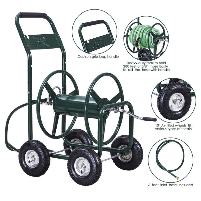 SUGIFT Hose Reel Cart Holds 350-Feet, Heavy Duty Hose Reel with 4 Solid Wheels, for Garden & Yard