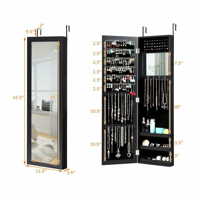 SUGIFT Wall Door Mounted Mirrored Jewelry Cabinet Storage Organizer,Black