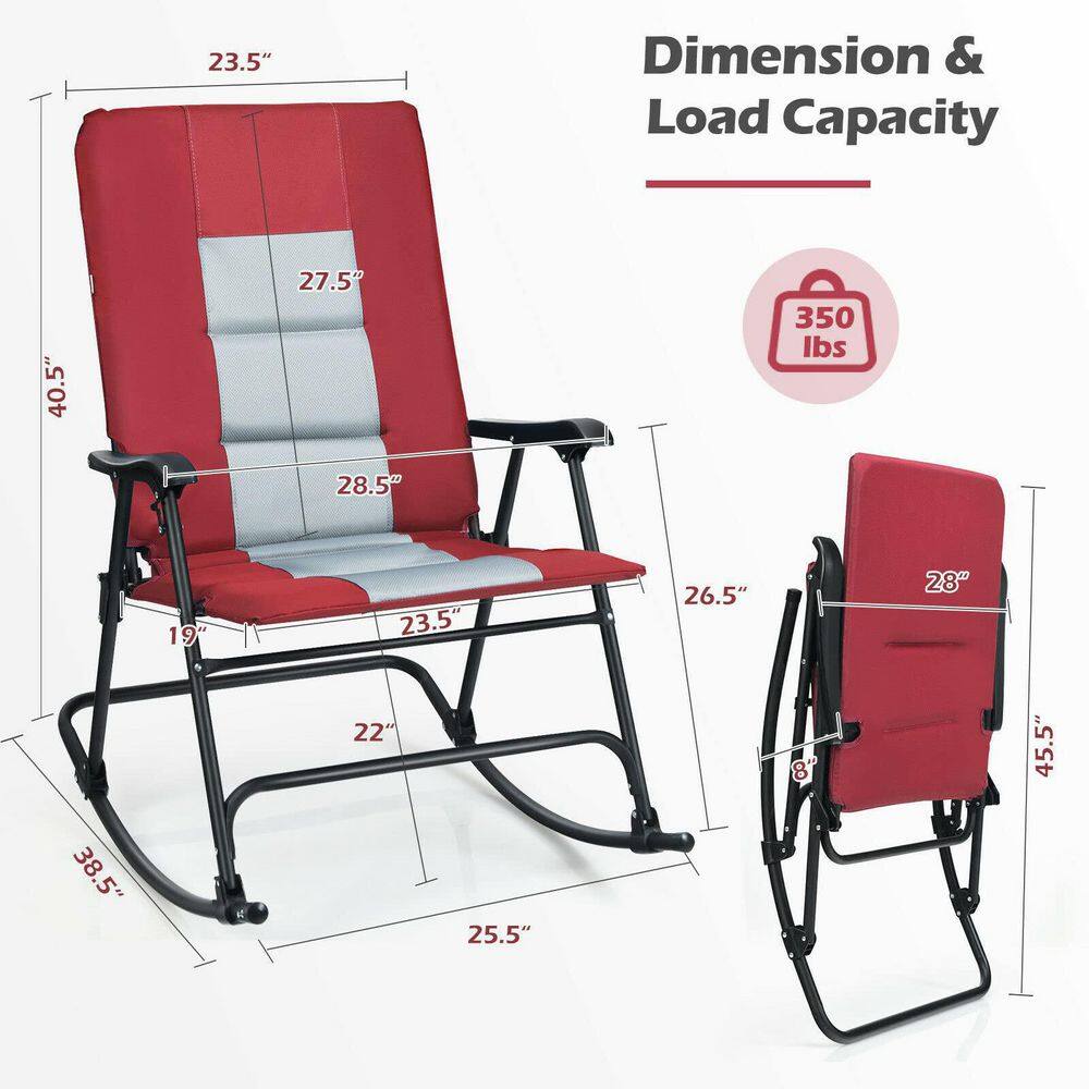 Red Steel Outdoor Rocking Chair Foldable Padded Camping Chair with Backrest and Armrest