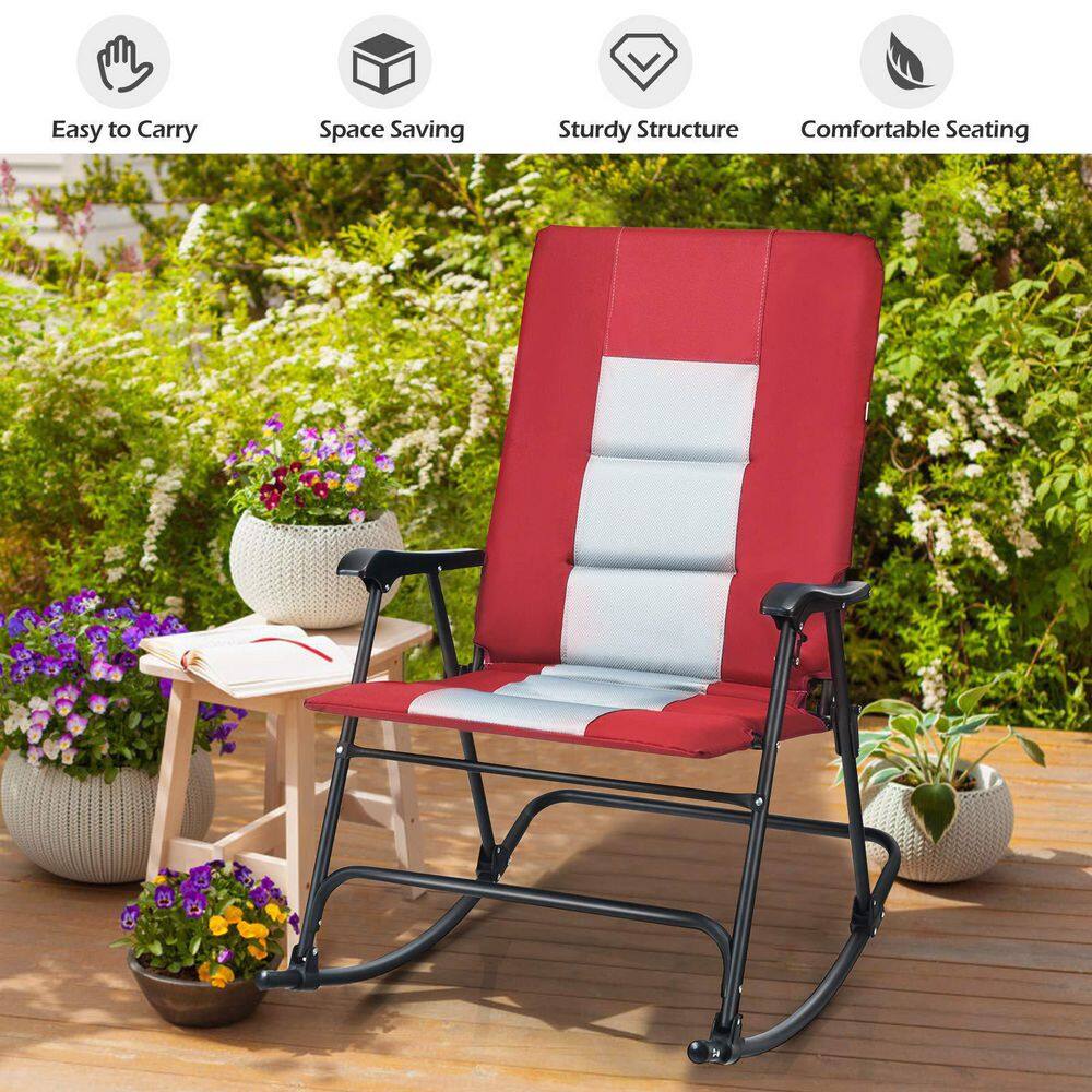 Red Steel Outdoor Rocking Chair Foldable Padded Camping Chair with Backrest and Armrest