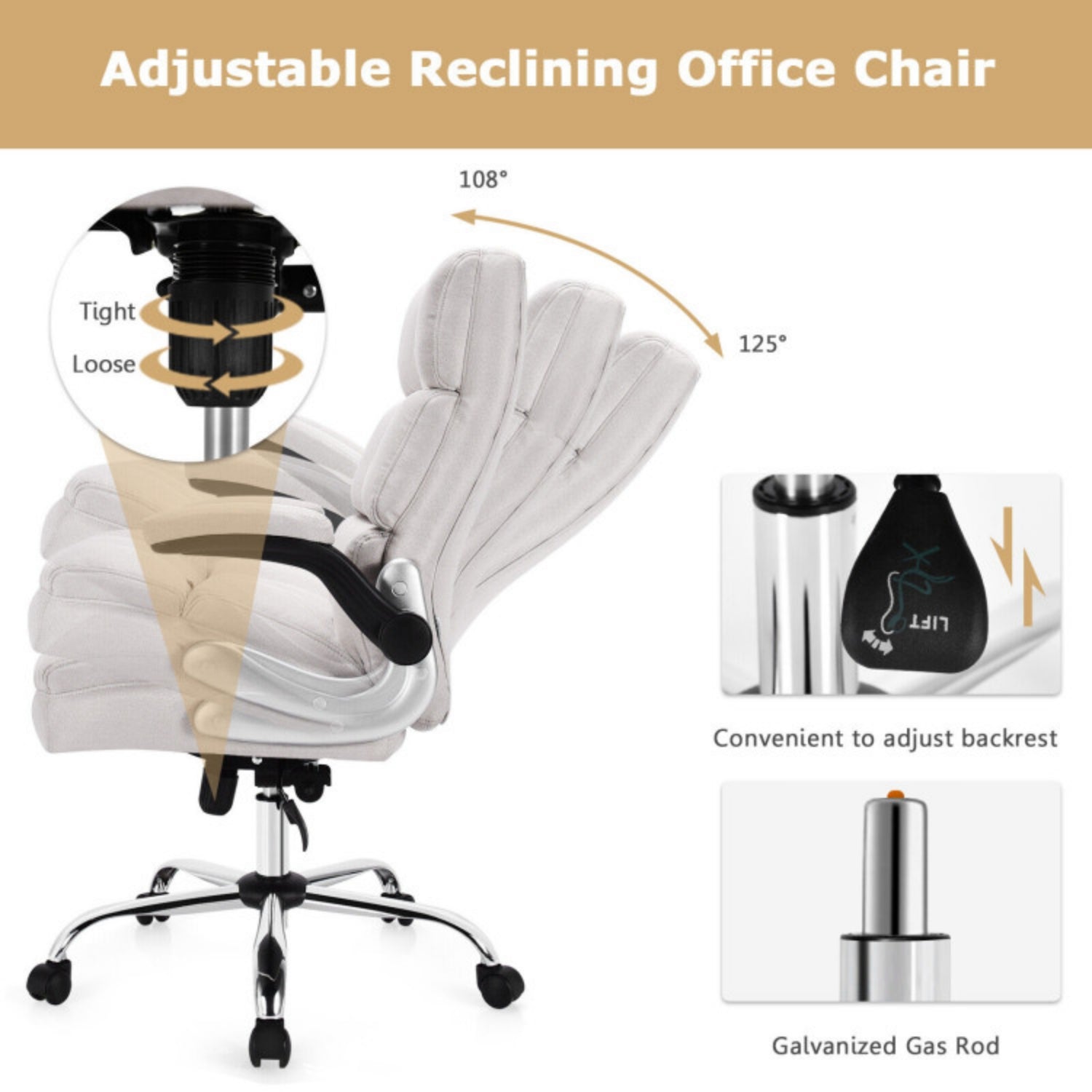 SUGIFT Adjustable Swivel Office Chair with High Back and Flip-up Arm, Beige