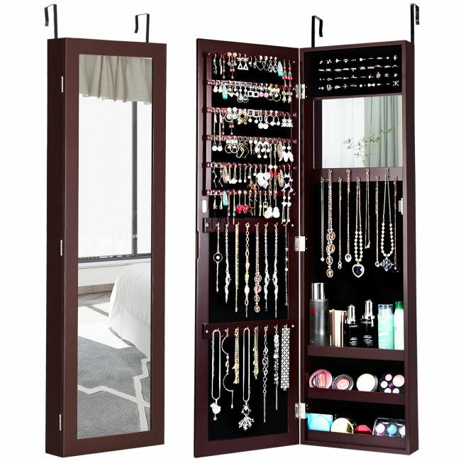 SUGIFT Wall Door Mounted Mirrored Jewelry Cabinet Storage Organizer,Coffee