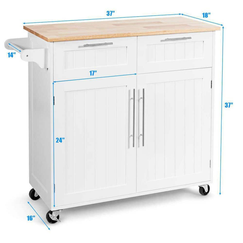 37 in. W Heavy Duty White Rolling Kitchen Cart with Butcher Block Top and Double-Drawer Storage