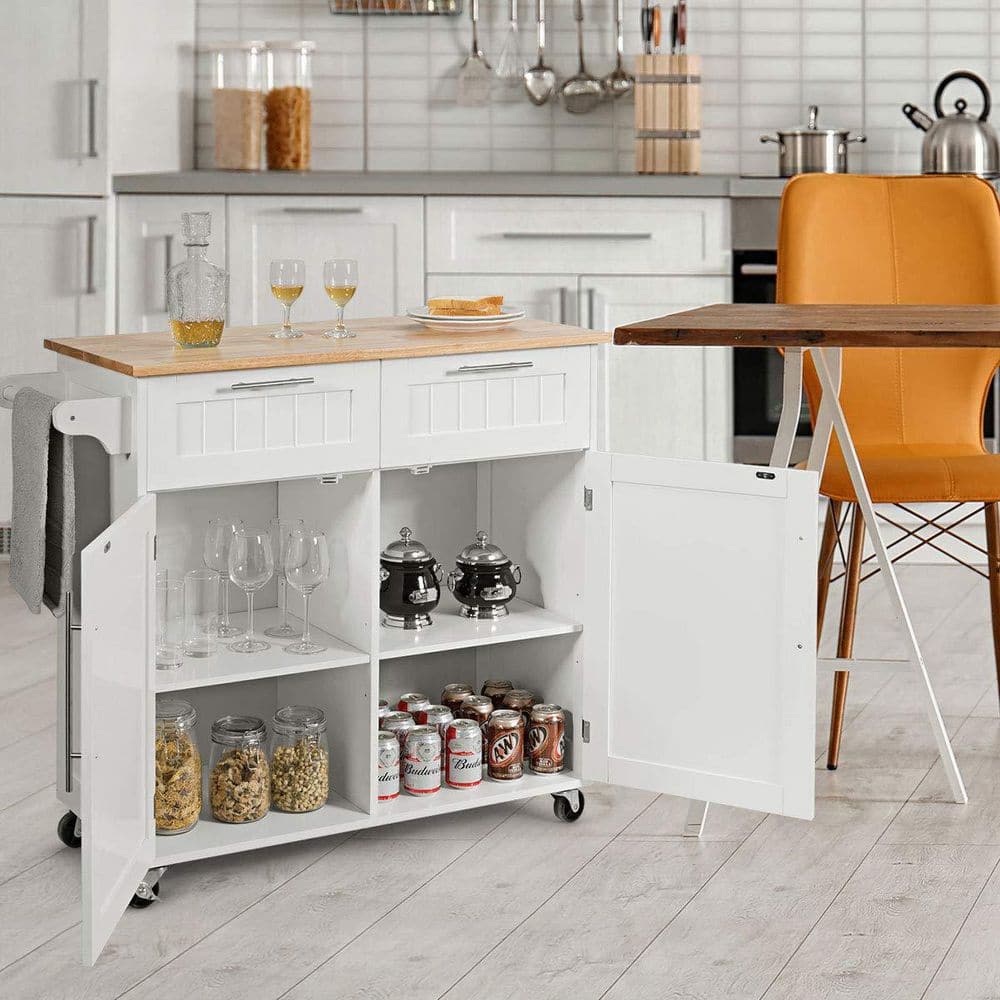 37 in. W Heavy Duty White Rolling Kitchen Cart with Butcher Block Top and Double-Drawer Storage