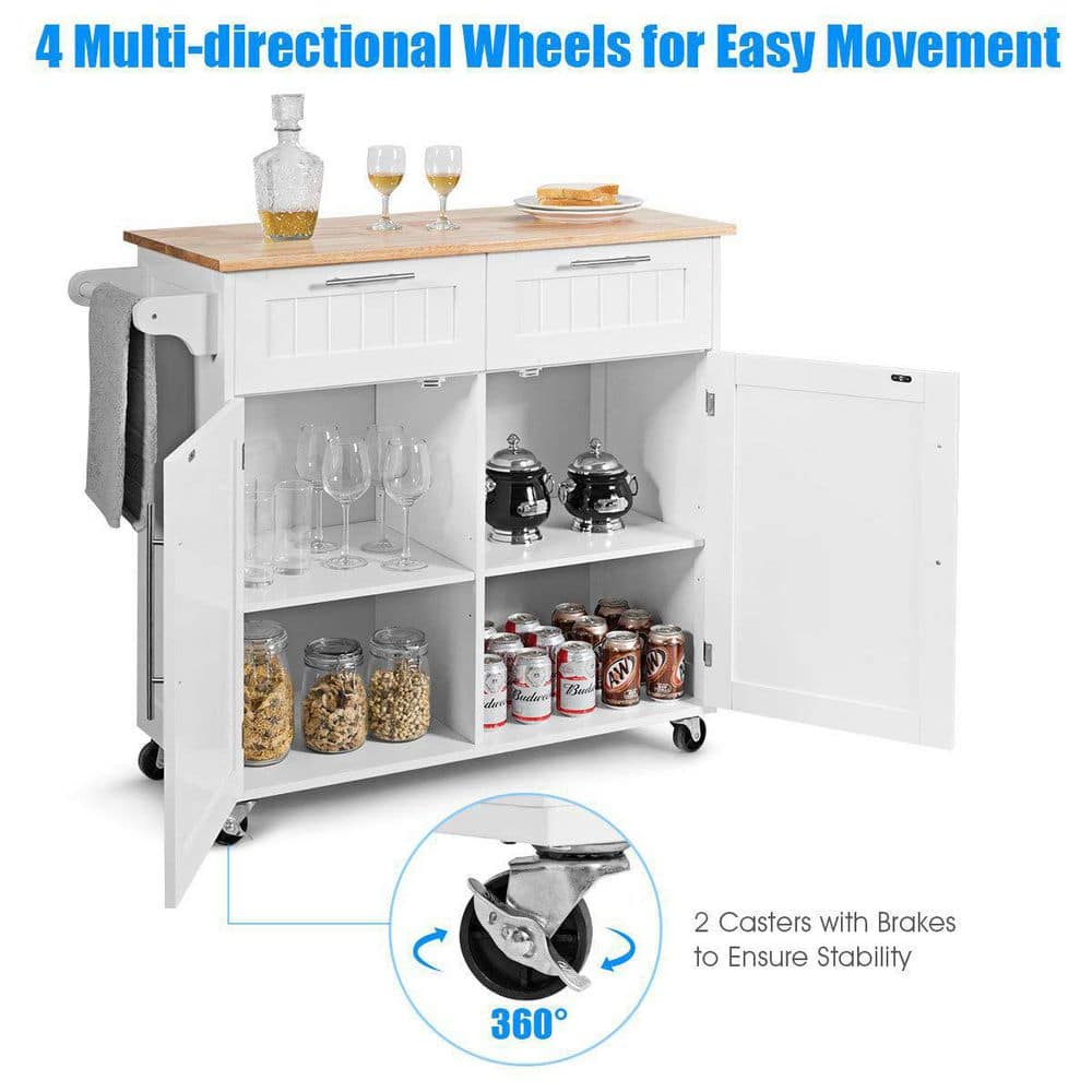 37 in. W Heavy Duty White Rolling Kitchen Cart with Butcher Block Top and Double-Drawer Storage