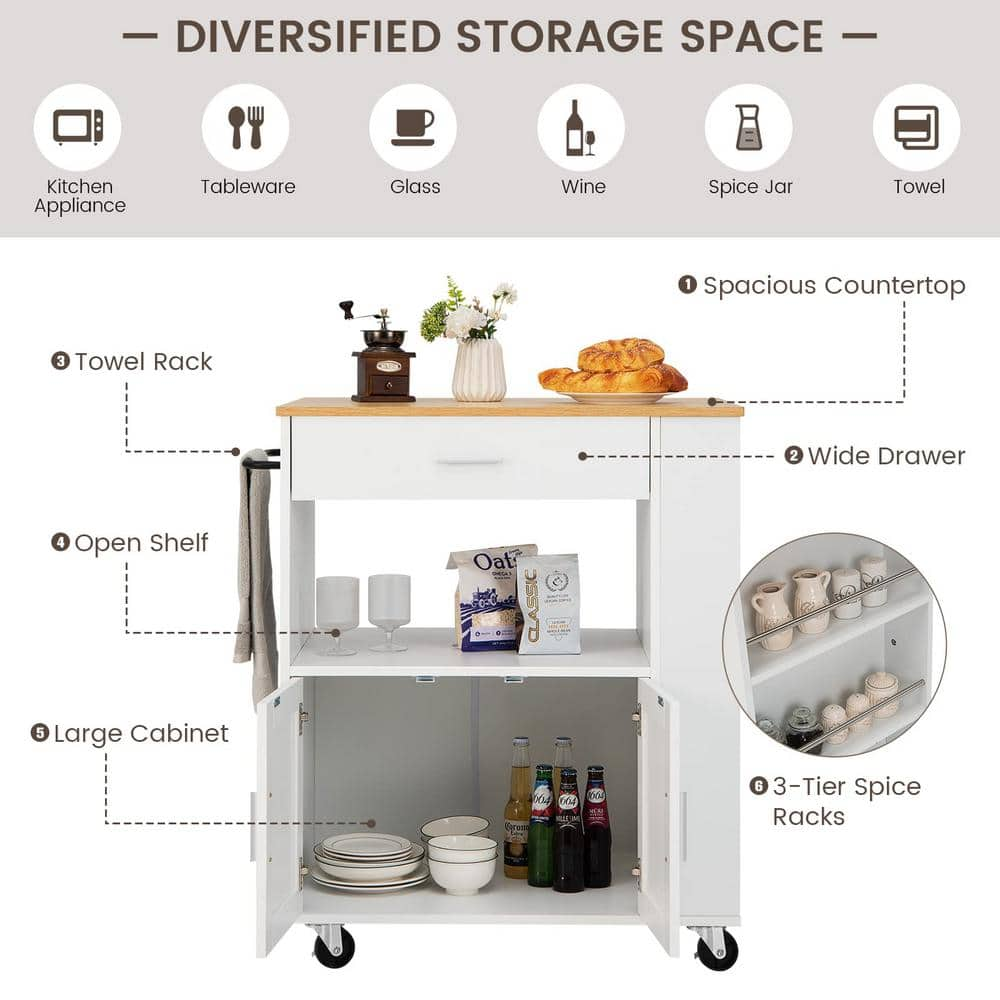 White Rolling Kitchen Cart with 3-Spice Racks Drawer and Open Shelf