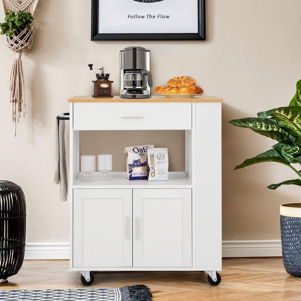 White Rolling Kitchen Cart with 3-Spice Racks Drawer and Open Shelf