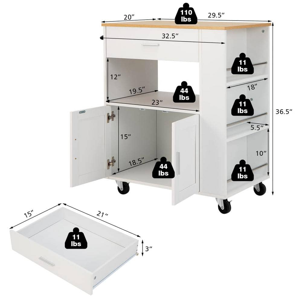 White Rolling Kitchen Cart with 3-Spice Racks Drawer and Open Shelf