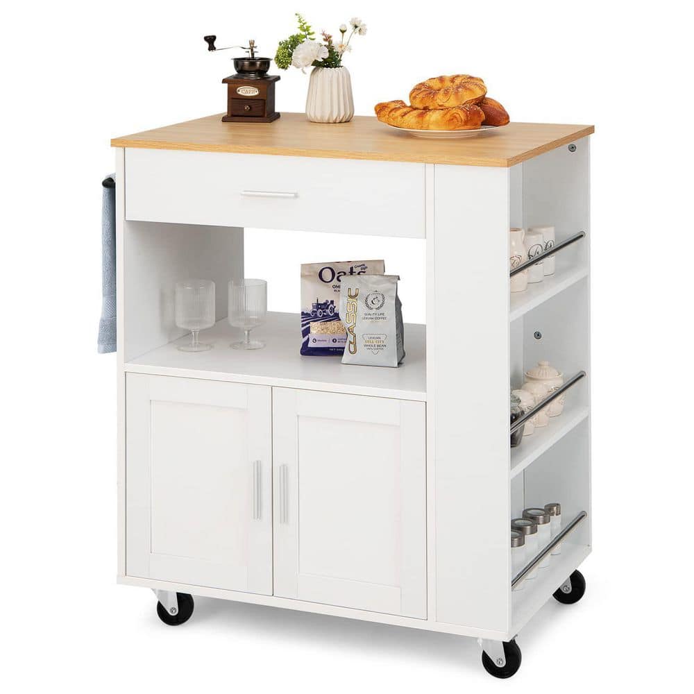 White Rolling Kitchen Cart with 3-Spice Racks Drawer and Open Shelf