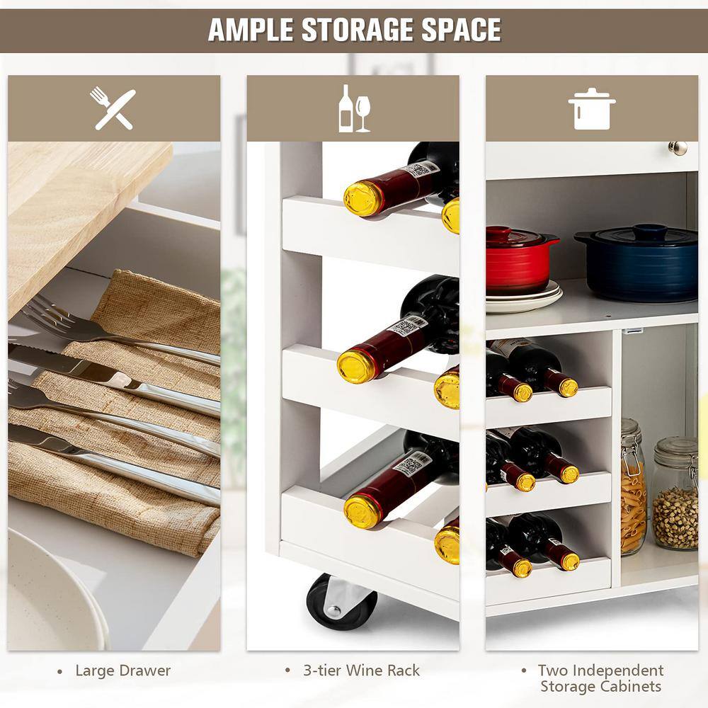 White Wooden Rolling Kitchen Cart with 3-Tier Wine Racks and 2-Cabinets