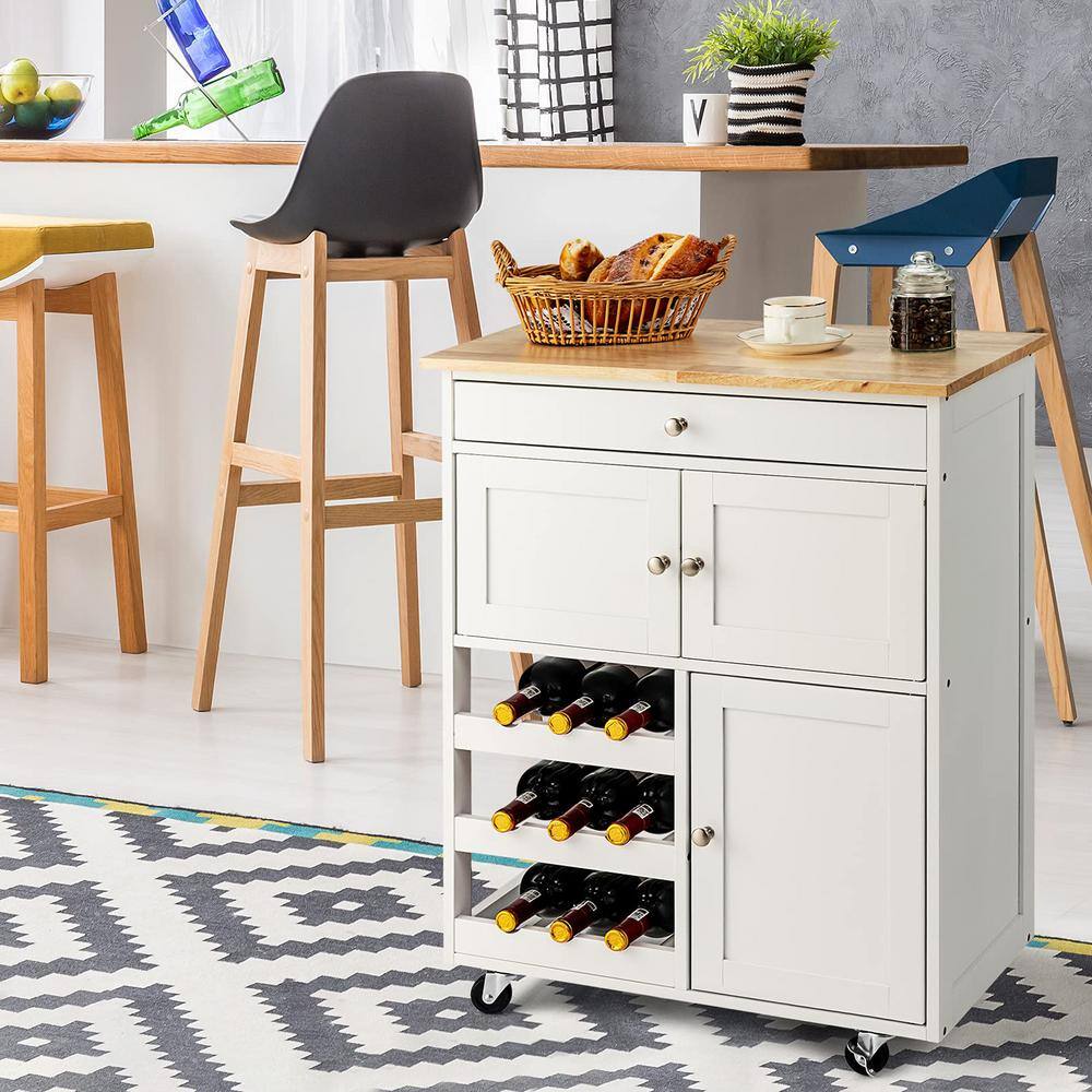 White Wooden Rolling Kitchen Cart with 3-Tier Wine Racks and 2-Cabinets