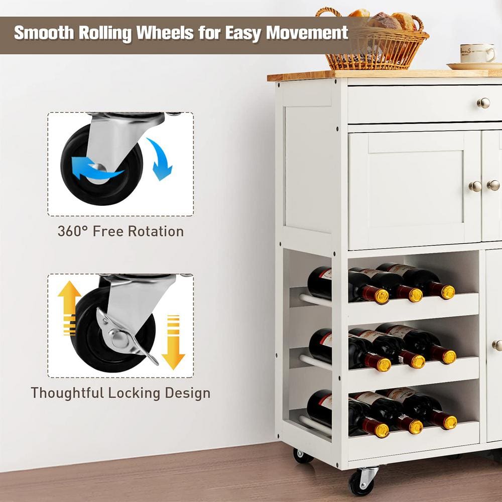 White Wooden Rolling Kitchen Cart with 3-Tier Wine Racks and 2-Cabinets