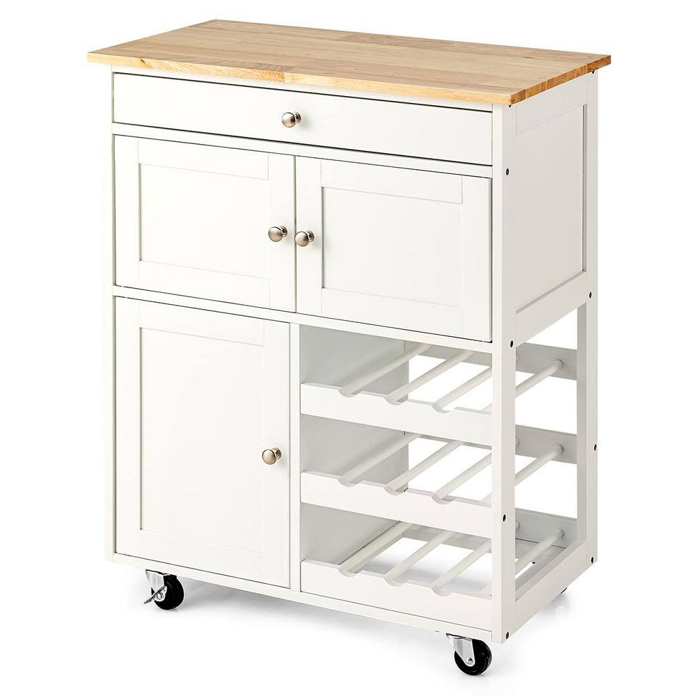 White Wooden Rolling Kitchen Cart with 3-Tier Wine Racks and 2-Cabinets