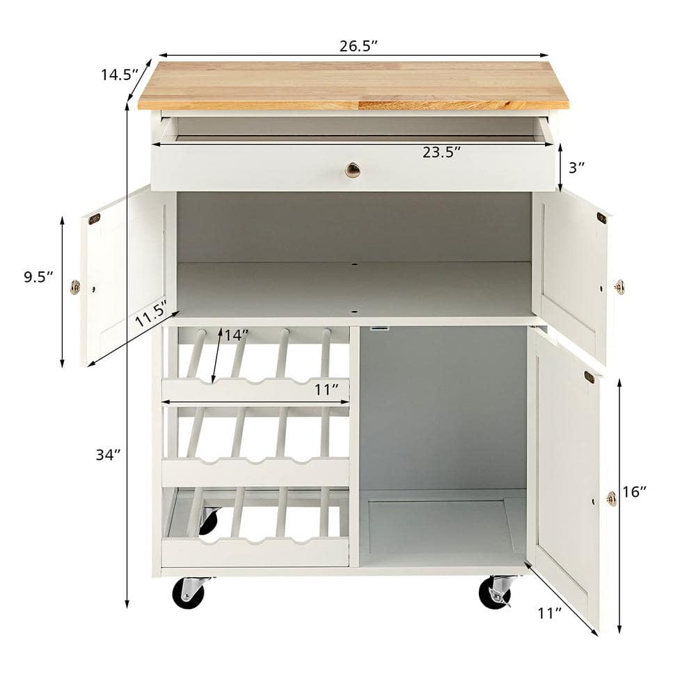 White Wooden Rolling Kitchen Cart with 3-Tier Wine Racks and 2-Cabinets