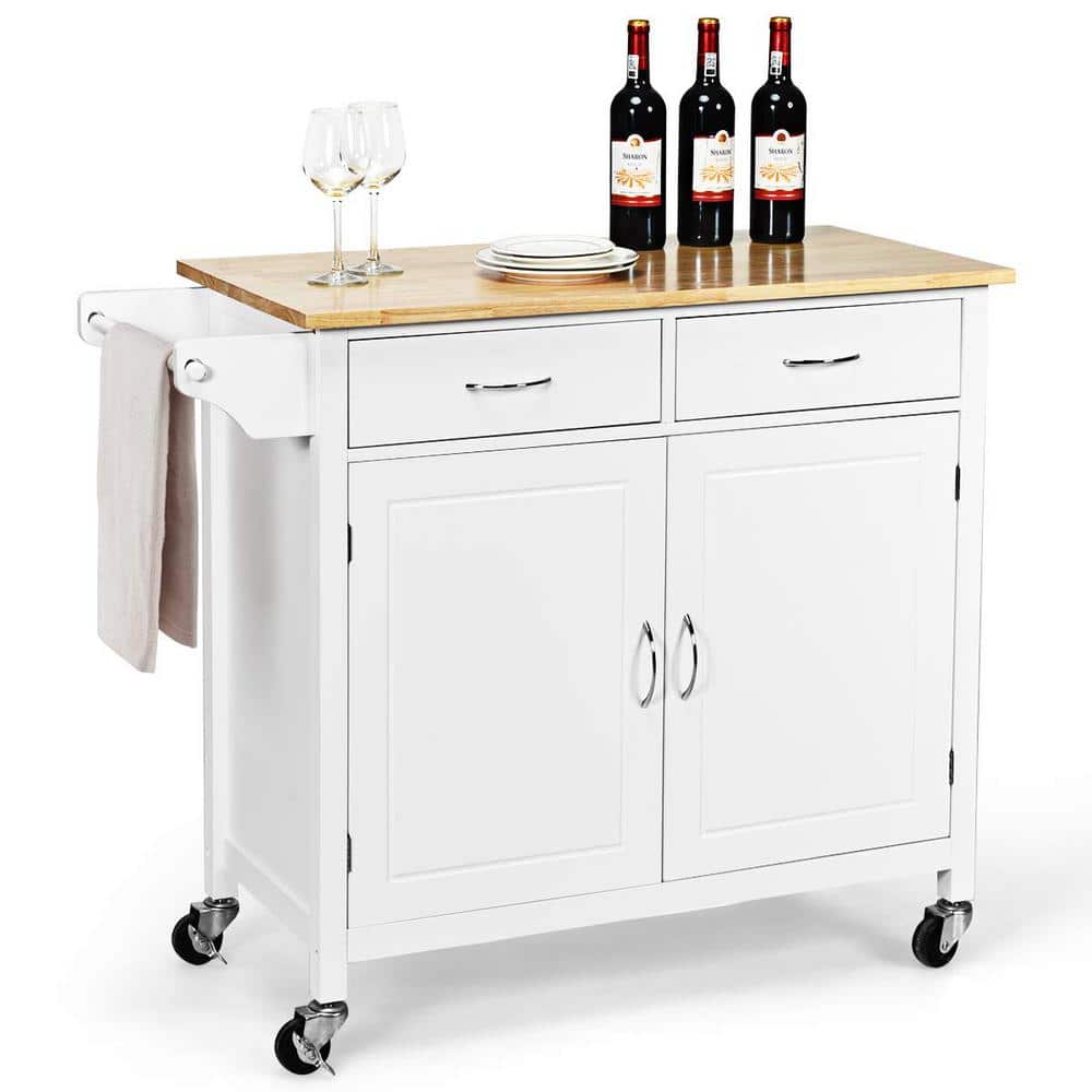 White Wooden Rolling Kitchen Cart with Wood Counter Top