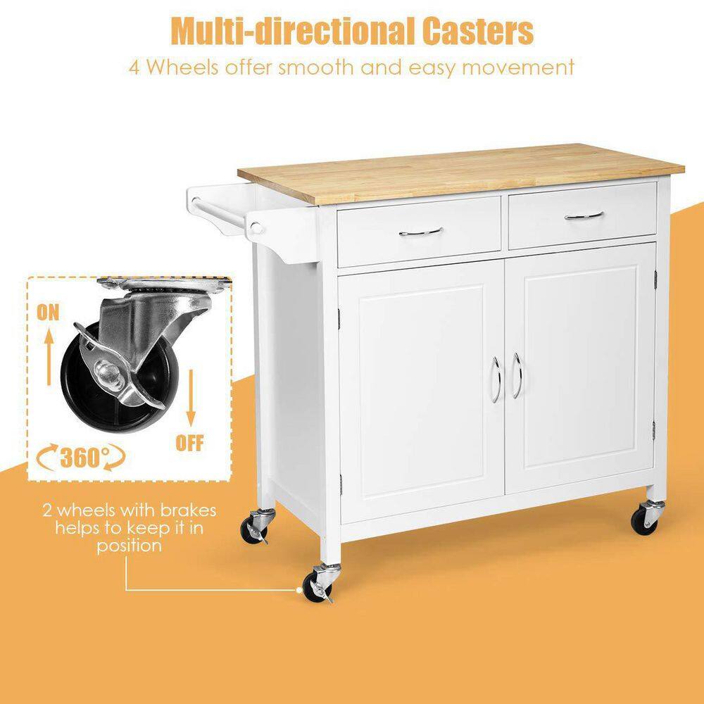 White Wooden Rolling Kitchen Cart with Wood Counter Top