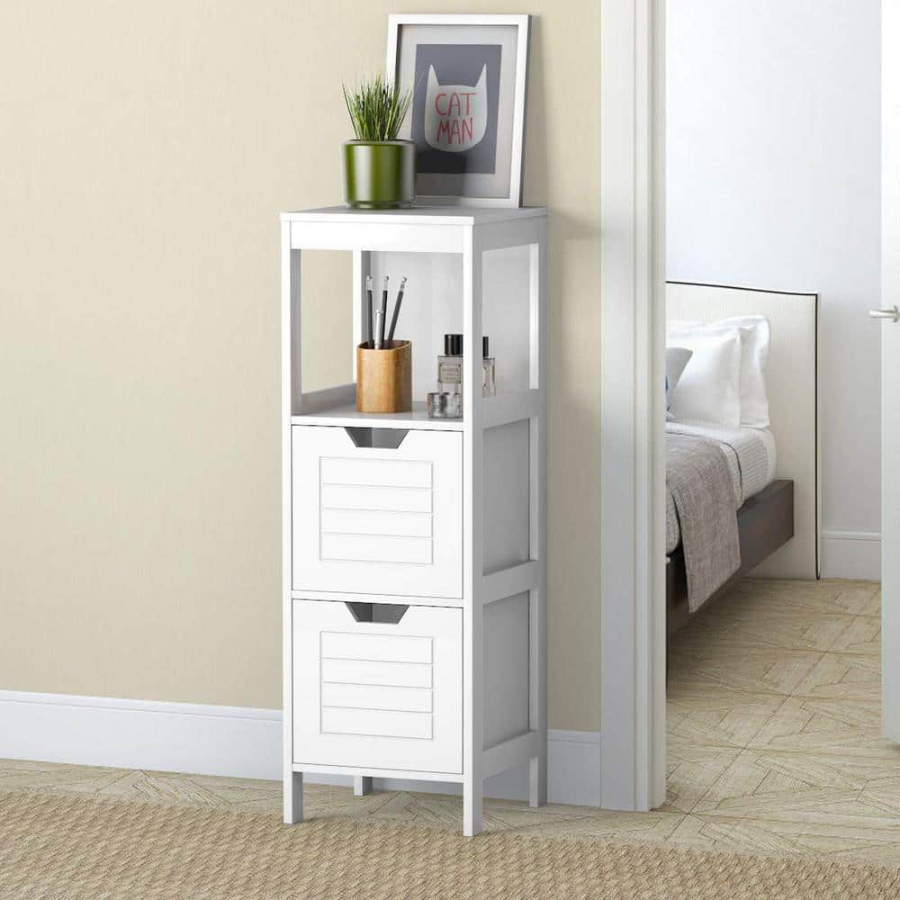 Freestanding Linen Cabinet Bathroom Floor Cabinet in White with 2-Drawers