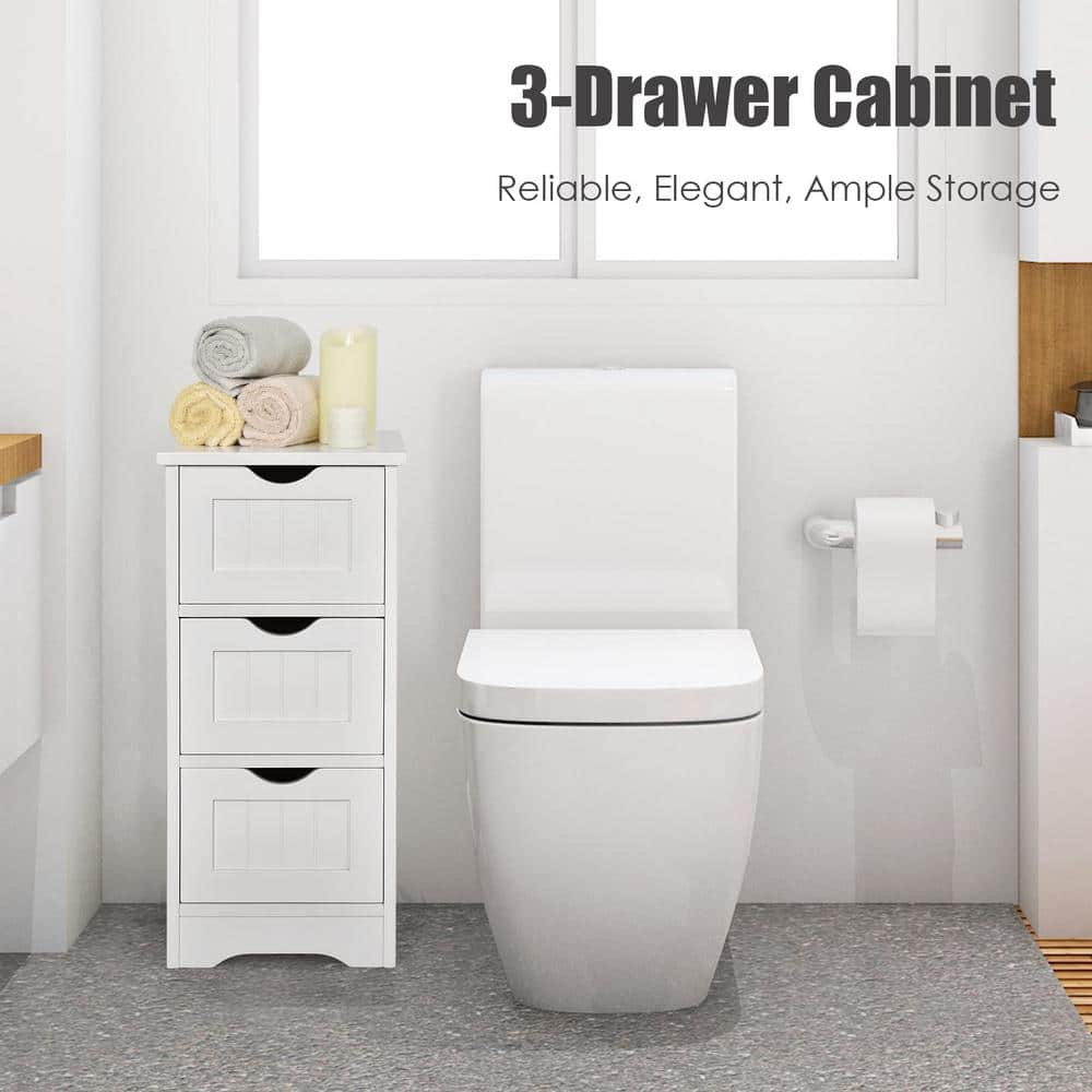 White Free Standing Linen Cabinet Bathroom Floor Cabinet with 3 Drawers in White