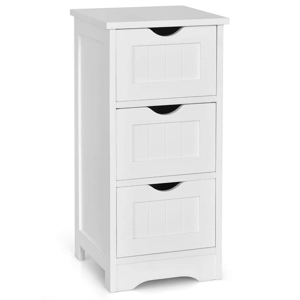 White Free Standing Linen Cabinet Bathroom Floor Cabinet with 3 Drawers in White