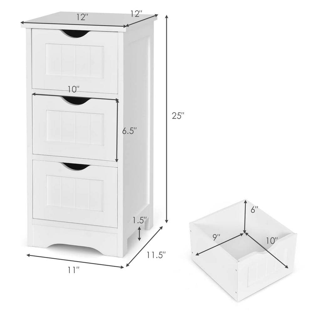 White Free Standing Linen Cabinet Bathroom Floor Cabinet with 3 Drawers in White