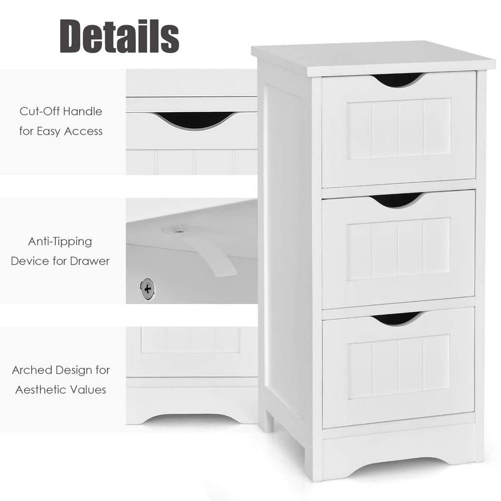 White Free Standing Linen Cabinet Bathroom Floor Cabinet with 3 Drawers in White