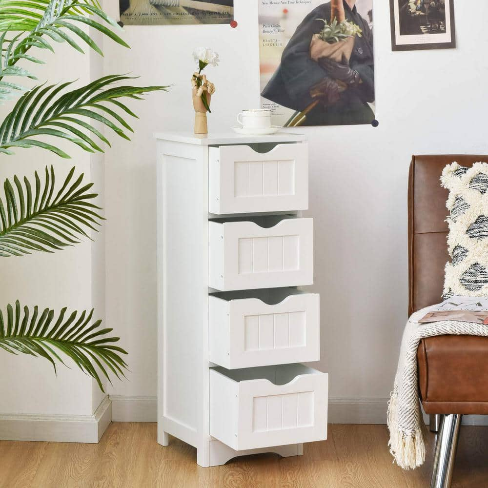 Freestanding Linen Cabinet Bathroom Floor Cabinet in White with 4-Drawers