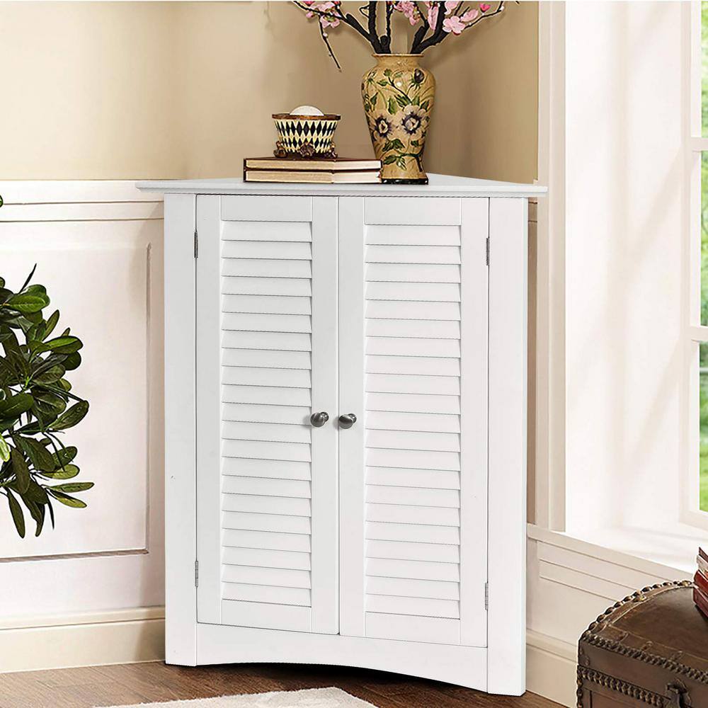 Freestanding Corner Linen Cabinet in White with Shutter Door