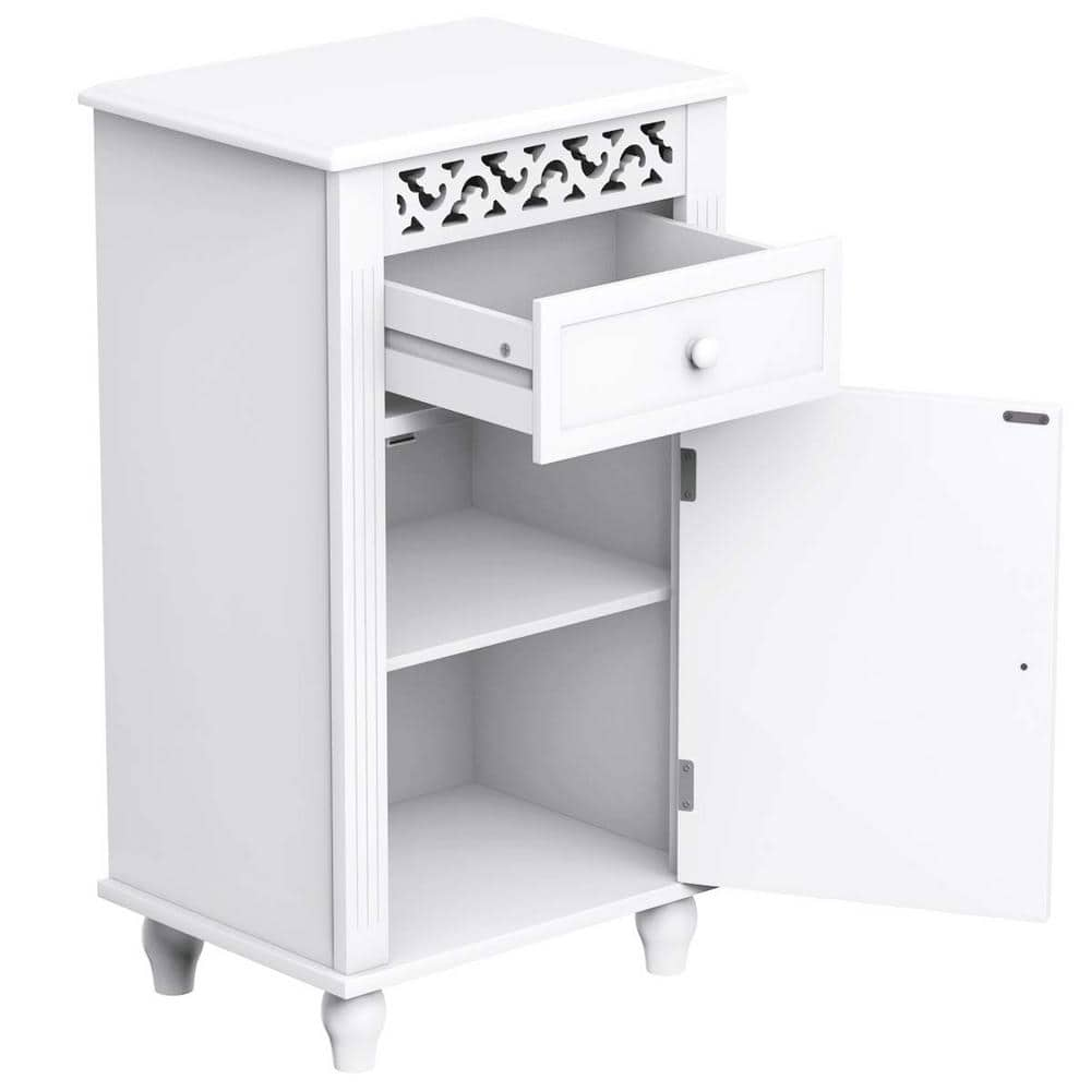 Freestanding Linen Cabinet Bathroom Floor Storage Cabinet in White with Drawer