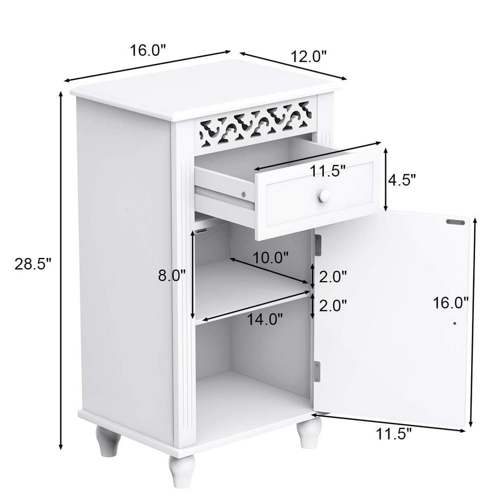 Freestanding Linen Cabinet Bathroom Floor Storage Cabinet in White with Drawer