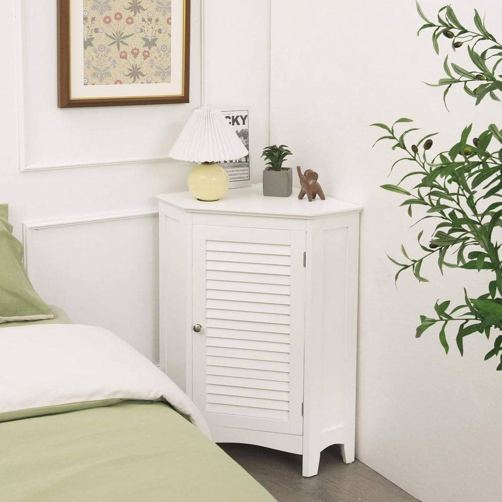 Freestanding Corner Linen Cabinet in White with Shutter Door