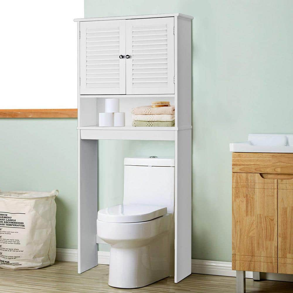 White Bathroom Over-the-Toilet Storage Cabinet Organizer with Doors and Shelves