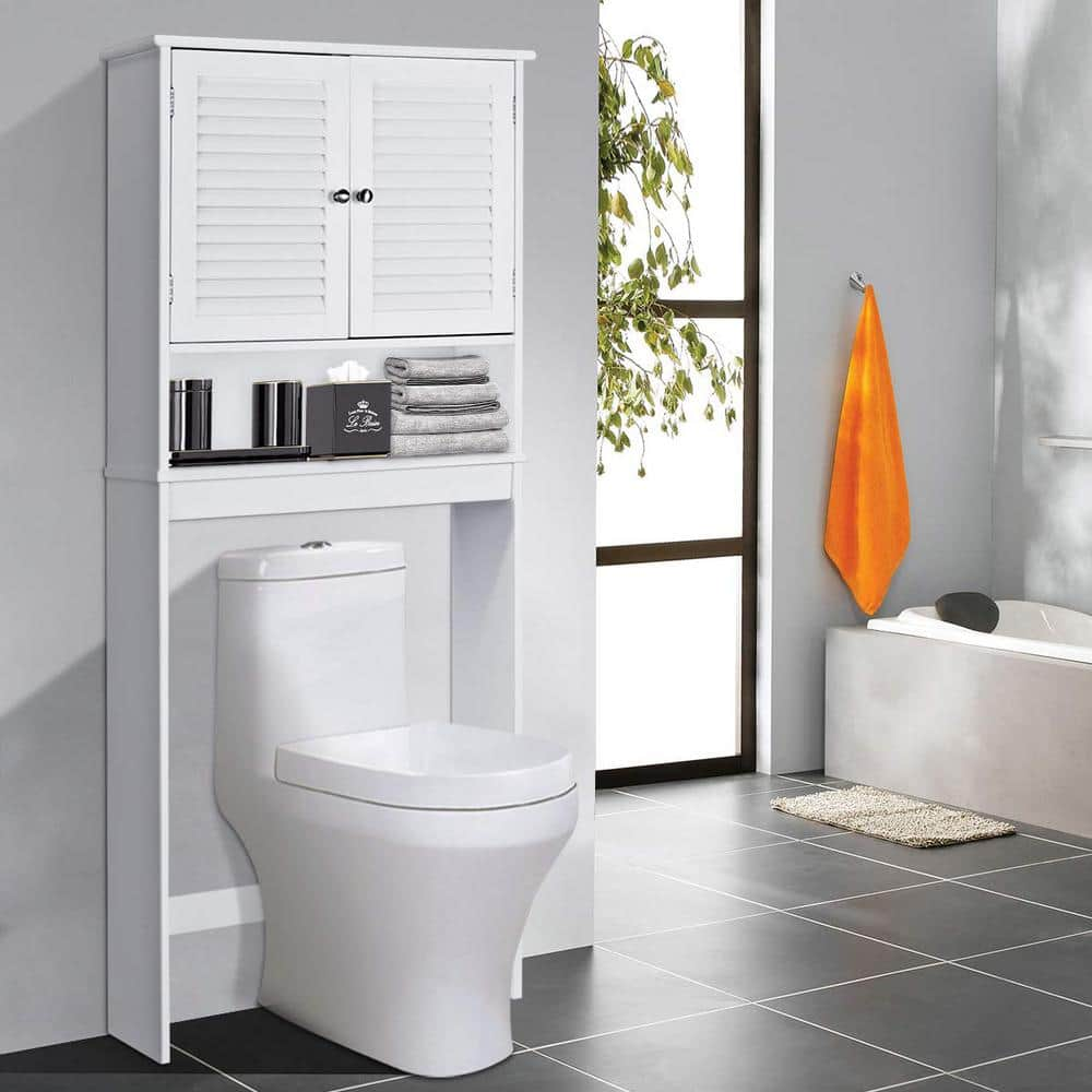 White Bathroom Over-the-Toilet Storage Cabinet Organizer with Doors and Shelves