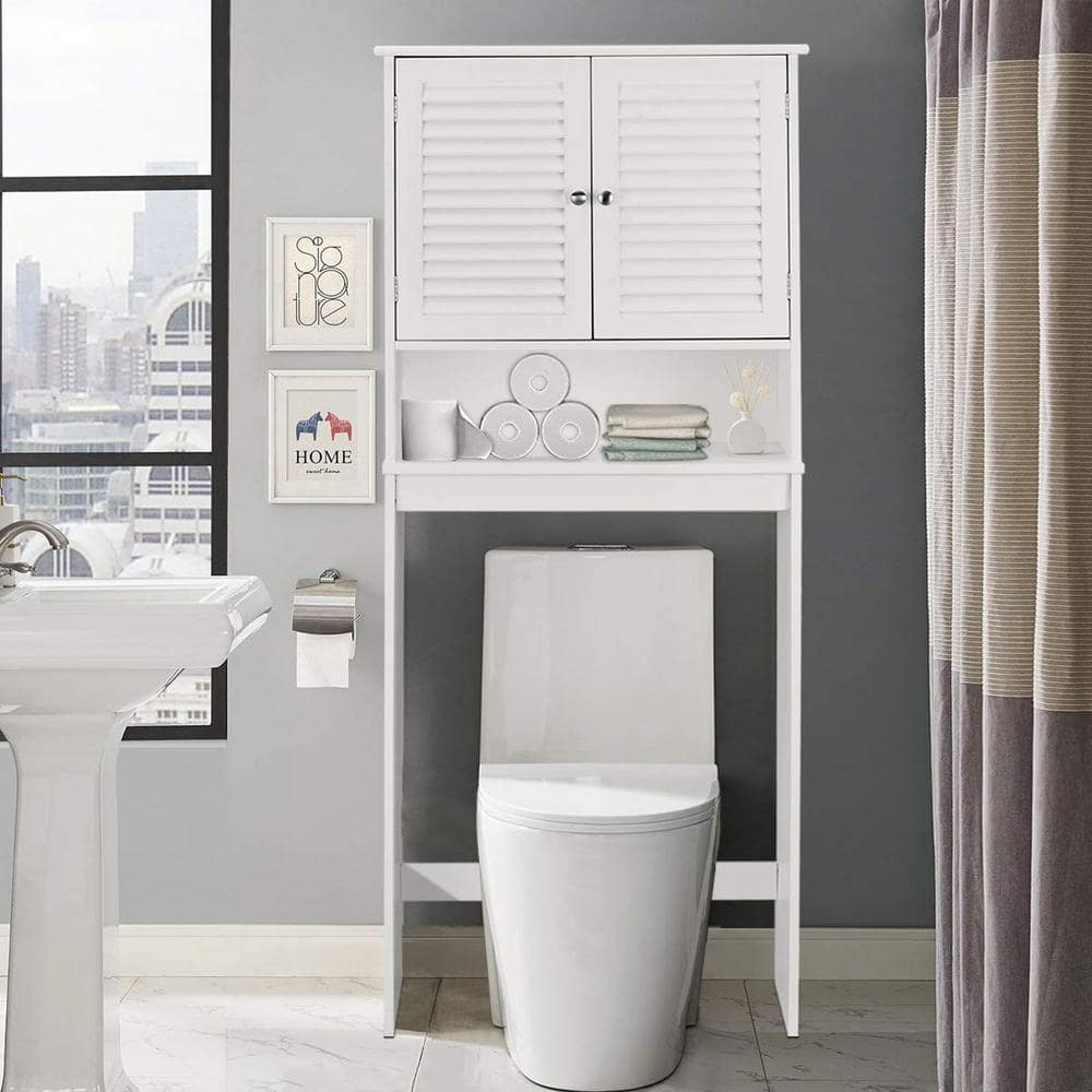 White Bathroom Over-the-Toilet Storage Cabinet Organizer with Doors and Shelves