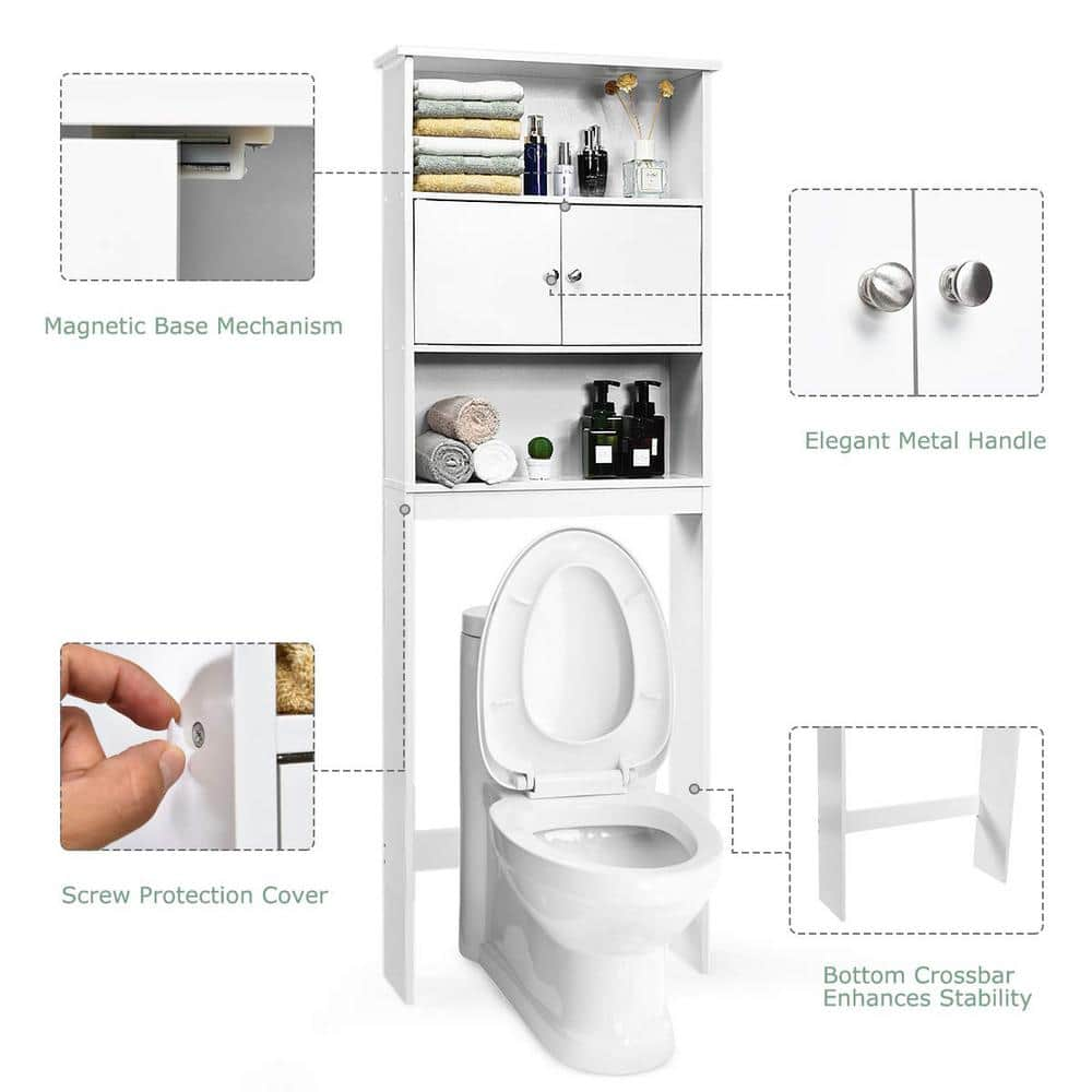 White Bathroom Over-the-Toilet Storage Cabinet Organizer with Doors and Shelves