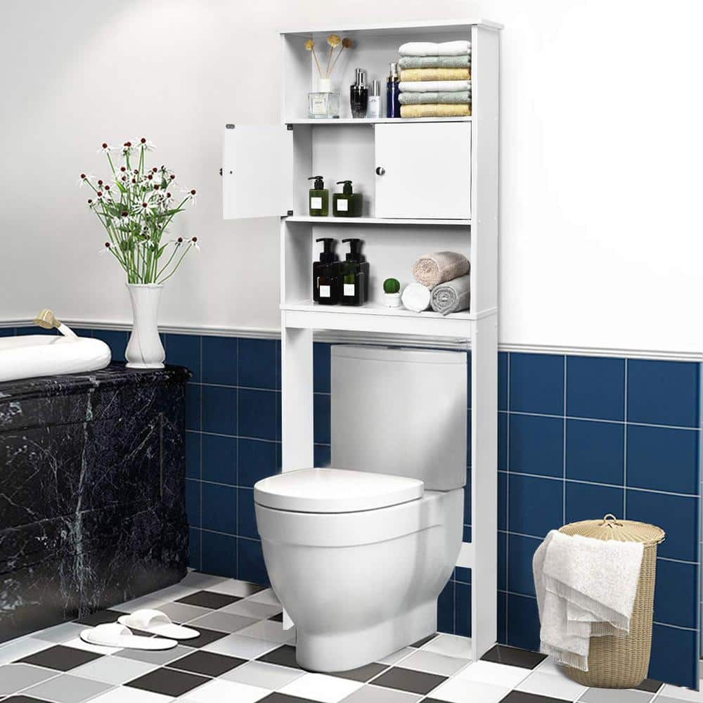 White Bathroom Over-the-Toilet Storage Cabinet Organizer with Doors and Shelves