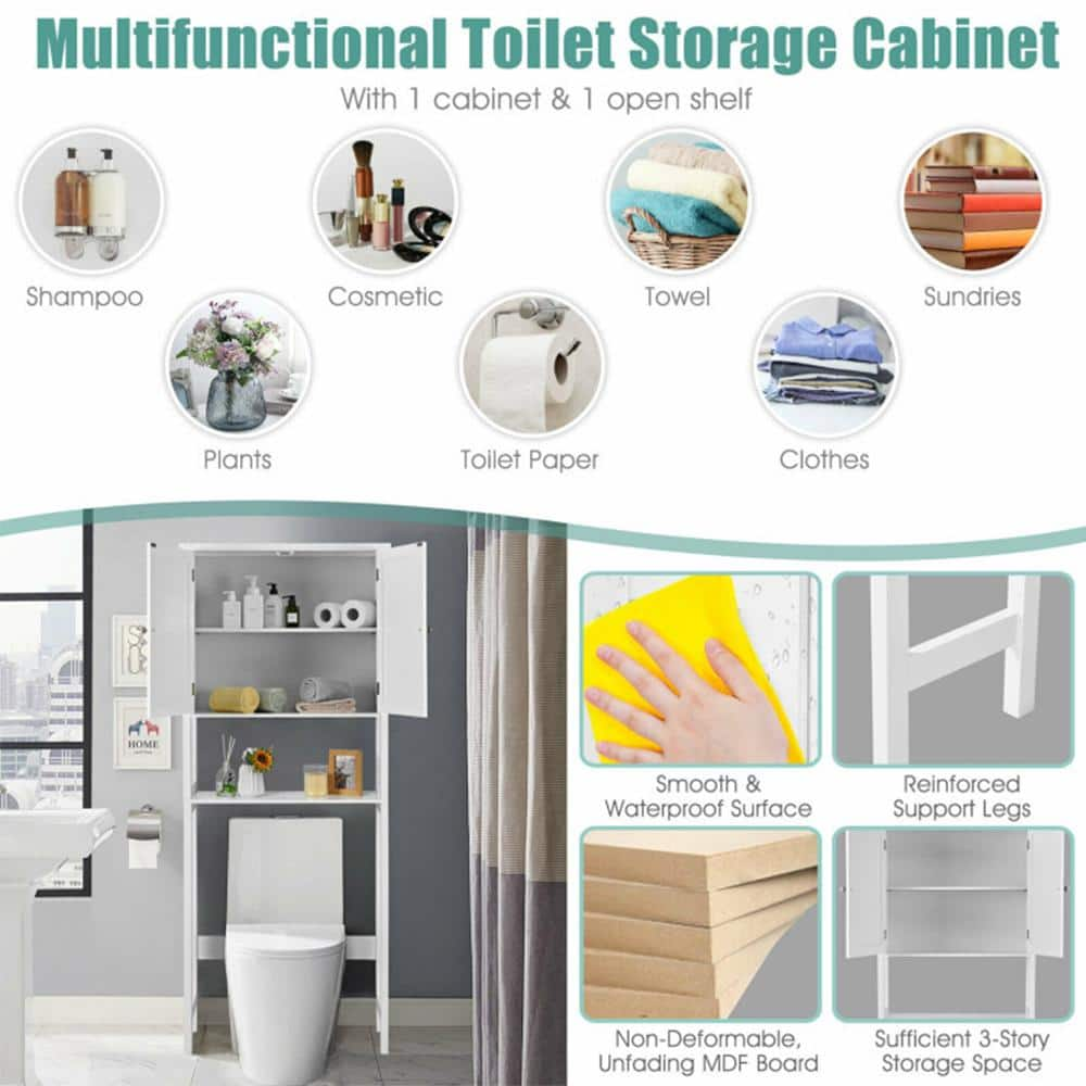 White Bathroom Over-the-Toilet Storage Cabinet Organizer with Doors and Shelves