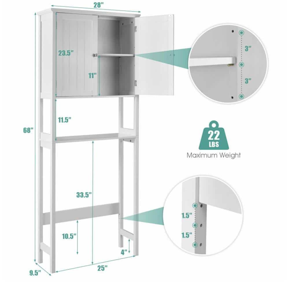 White Bathroom Over-the-Toilet Storage Cabinet Organizer with Doors and Shelves