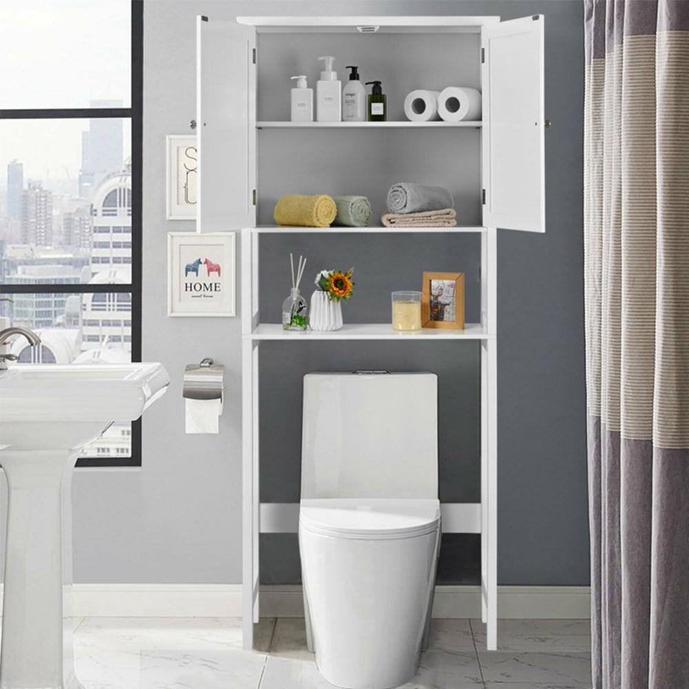 White Bathroom Over-the-Toilet Storage Cabinet Organizer with Doors and Shelves