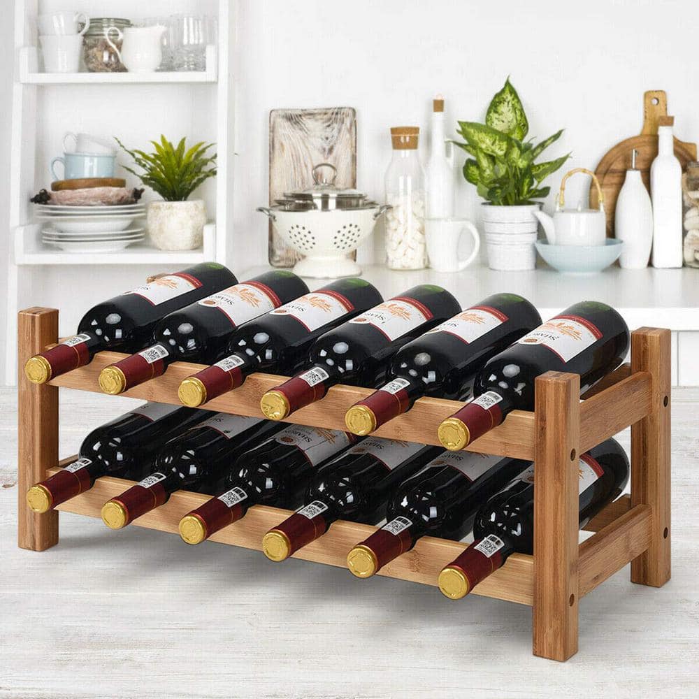 2-Tier 12-Bottles Stackable Wooden Wobble-Free Modular Wine Rack