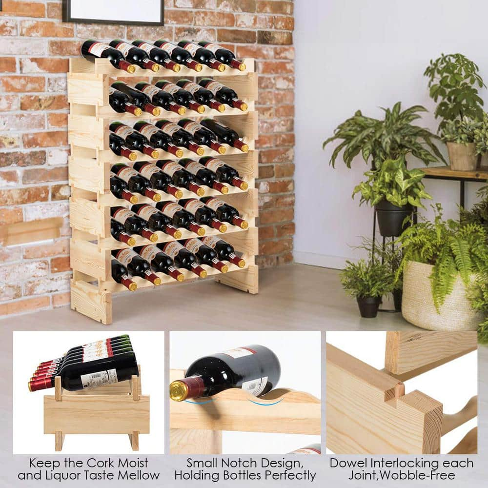 36-Bottles Natural Stackable Wooden Wobble-Free Modular Wine Rack