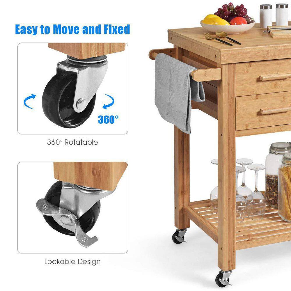 Brown Bamboo Kitchen Cart on Wheels with Tower Rack and Drawers