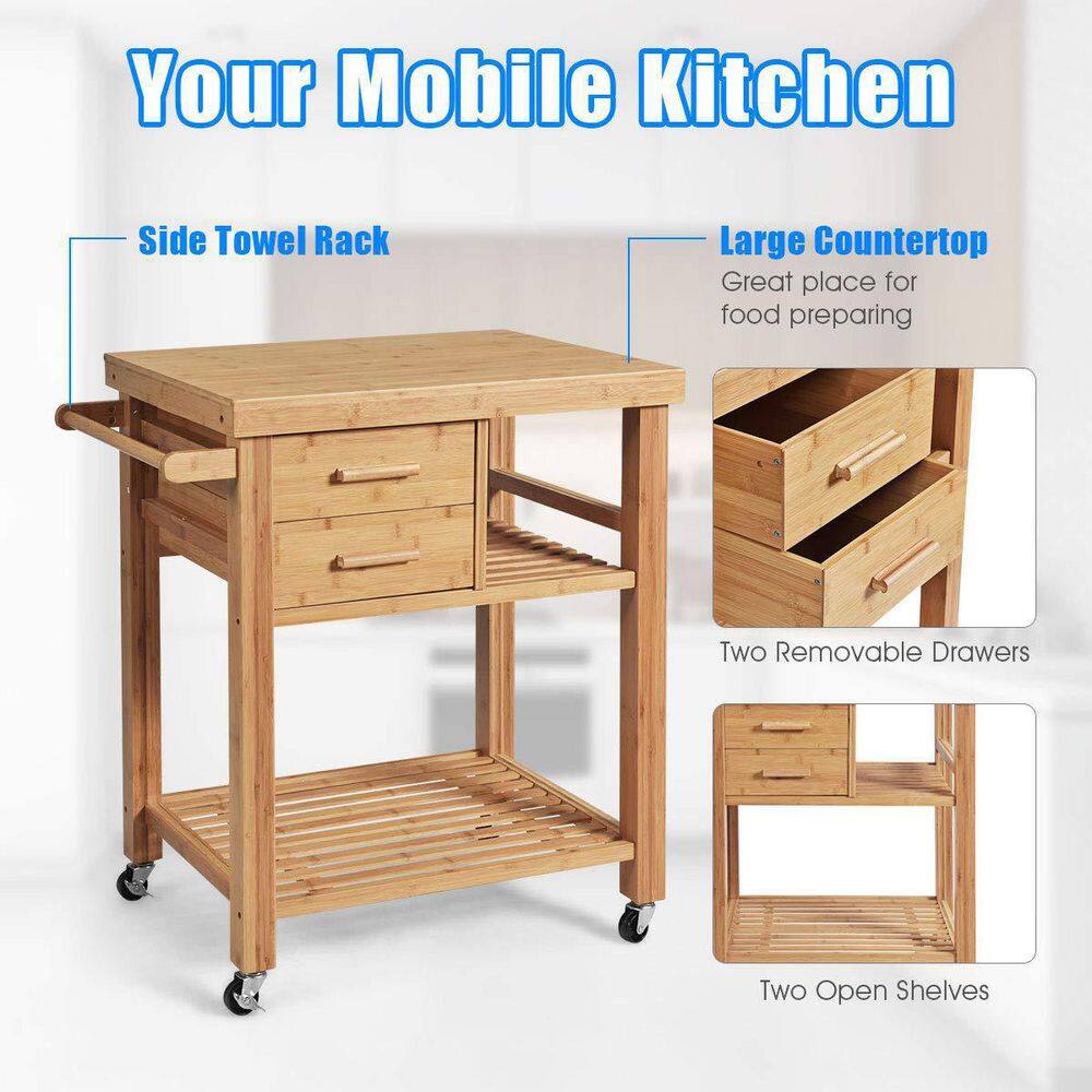 Brown Bamboo Kitchen Cart on Wheels with Tower Rack and Drawers